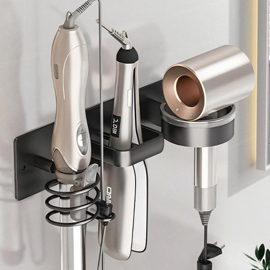 Hair Dryer Holder Wall Mounted,Blow Dryer, Curling Iron, Straightener Holder 3 in 1 Bathroom Metal Hair Tool Organizer Rack-BLACK-1
