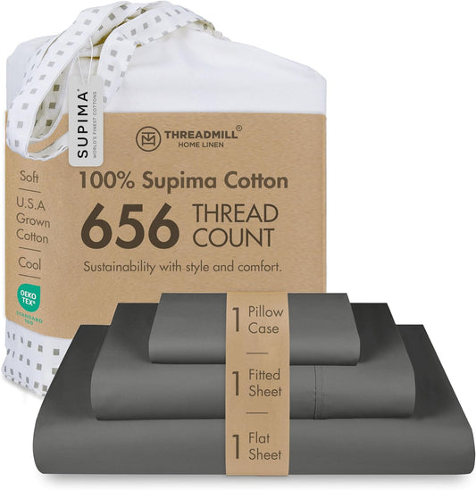 Threadmill Twin Sheet Set |656 Thread Count 100% Supima Cotton Sheets for Twin Mattress | Solid Sateen Twin Bed Sheets Set with 16” Deep Pocket | Soft Breathable 3-Piece Cooling Sheet Set | Dark Grey