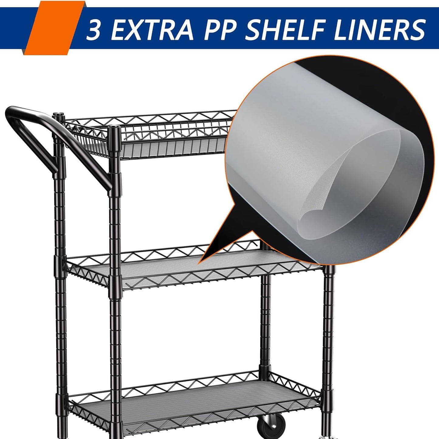 3 Tier Heavy Duty Rolling Utility Cart,18" D x 23.8" W x 36.6" H Rolling Carts with Wheels,Commercial Grade Metal with Handle Bar & Shelf Liner,Trolley Serving Storage Cart for Kitchen Black