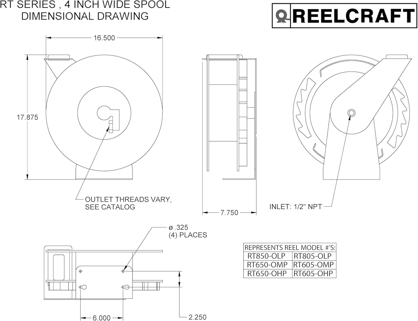 Reelcraft RT805-OLP Medium Duty Spring Retractable Reel, 50' Air/Water Hose Not Included