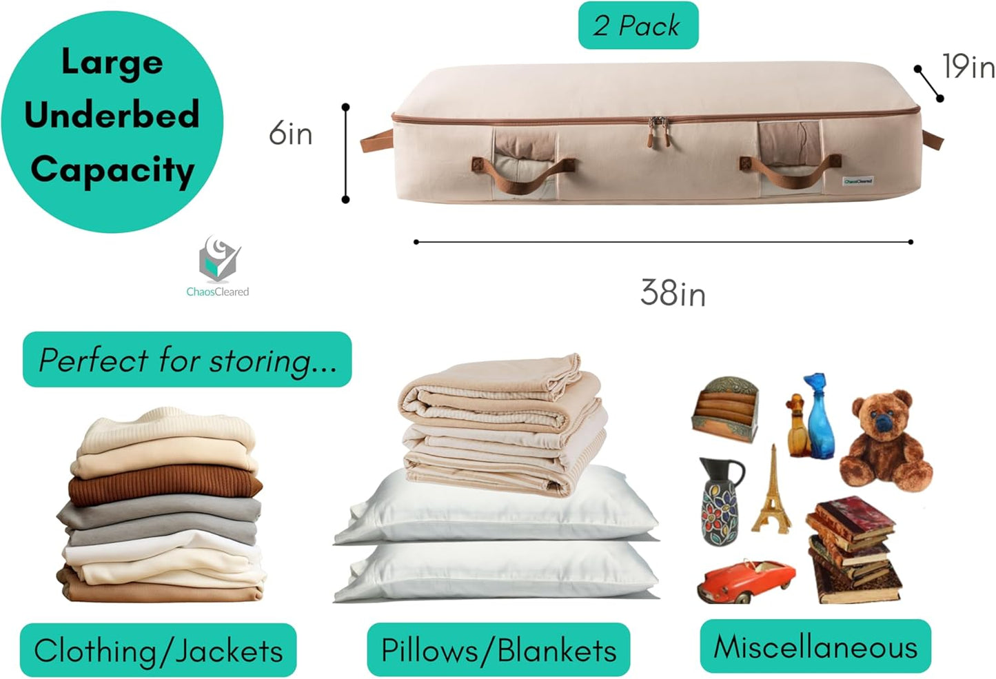 Under Bed Storage Bags 2 Pack - Low Blanket Storage Containers for Bedding, Linens & Sweaters, Made from Canvas, Extra Durable & Perfect Space Saving Solution, 38"L x 19"W x 6"H, Beige
