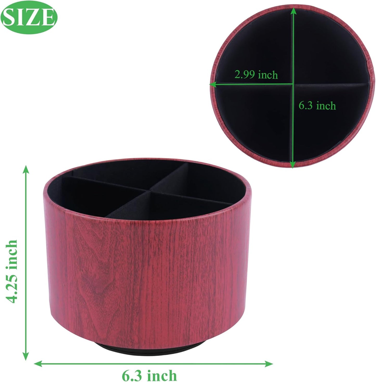 Round Leather Art Supply Organizer,Remote Control Holder,360 Degree Spinning,Multi-Functional Pencil Holder,4 Compartments Desktop Stationary Organizer(1-Thin Wood Red Brown)