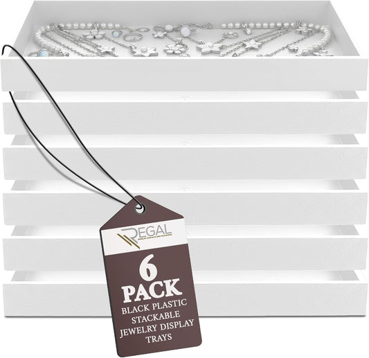 RJ Displays 6 Pack Stackable Jewelry Tray Set, Stackable Plastic Jewelry Organizer Tray, Jewelry Drawer Organizers, Drawers Inserts, Earring Organizer for Women Perfect Trays (White) 14.75x 8.25x1