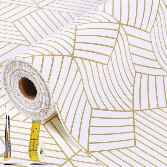 Shelf Liners for Kitchen Cabinets 17.5in x 30FT Non Adhesive Cabinet Liner Strong Non-Slip Thickened Gold Geometric Drawer Liner Easy to Clean for Shelf Cabinet with Knife and Tape Measure
