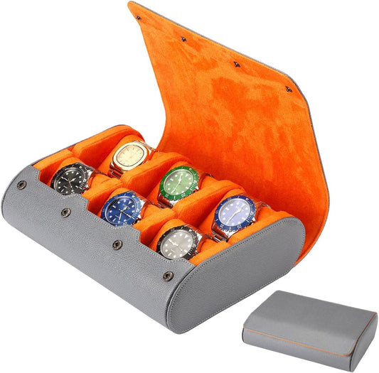 6-Slot Watch Box for Men & Women, Portable Travel Watch Roll Organizer with Soft Interior - Gray Leather Watch Storage Case, Christmas Gift for Him/Her, Office & Business Travel Accessories