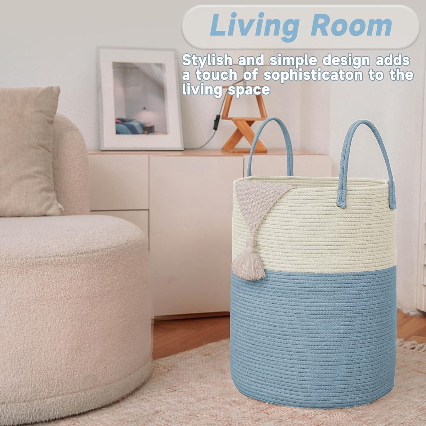 Large Woven Laundry Basket Hamper,100L Cotton Rope Storage Bin for Blankets,Toys and Clothes,Decorative Tall Nursery Hamper for Living Room,Baby Nursery,Bathroom and Bedroom,White and Blue