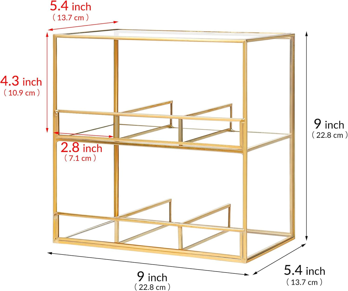 Glass Tea Bag Organizer for Counter, 2-Tier Teabag Organizer Storage Holder for Tea Bags, Glass Caddy Box Containers, Rack Teabag Station Stand for Cabinet Kitchen, 2-Tier, Gold
