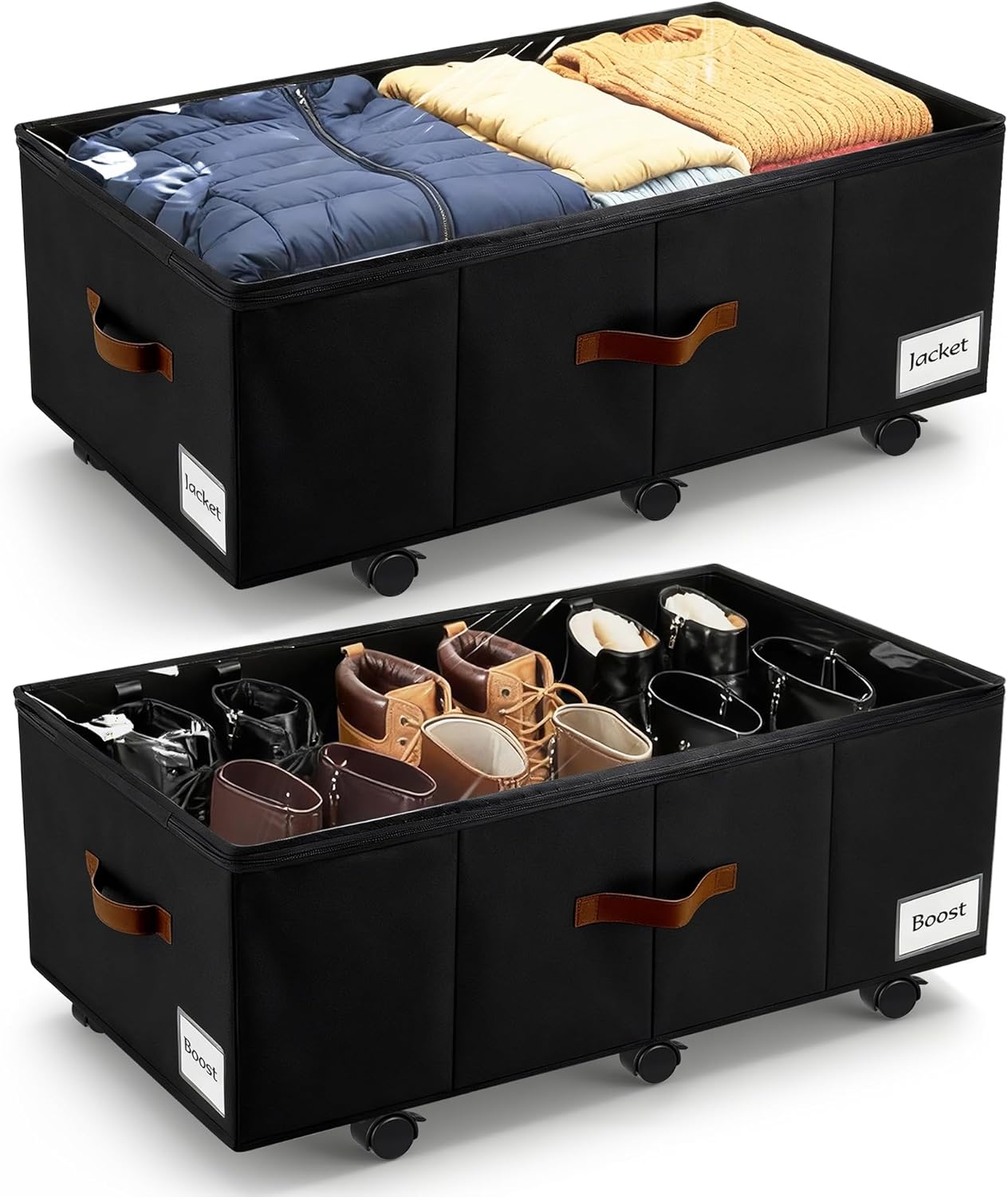 11 inch Under Bed Storage with Wheels, 2-Pack Underbed Storage Containers for College Dorms Bedrooms Organization, Foldable Under Bed Drawers for Comforters, Blankets, Clothes & Shoes, Black