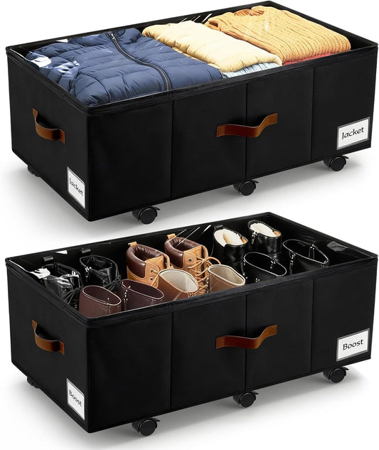 11 inch Under Bed Storage with Wheels, 2-Pack Underbed Storage Containers for College Dorms Bedrooms Organization, Foldable Under Bed Drawers for Comforters, Blankets, Clothes & Shoes, Black
