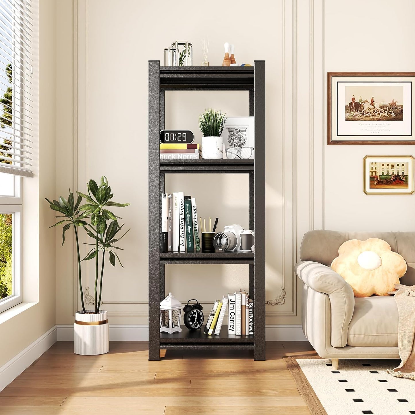 Storage Shelves, Garage Metal Shelving Unit, Adjustable, Double-Layer Column with Reinforced Ribs, Heavy-Duty, Capable of Bearing 600-3600 lbs (Black, 24 * 14 * 59, 4-Tier)