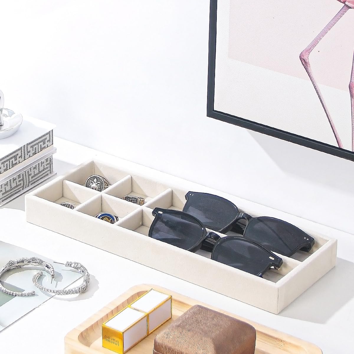 Divided Drawer Organizer Tray, Velvet Jewelry Storage Tray, Necklace Bracelet Ring Earring Display Tray,Bedside Nightstand Desk Holder Tray for Phone Watch Sunglasses Cosmetics Storage/Beige/6grid
