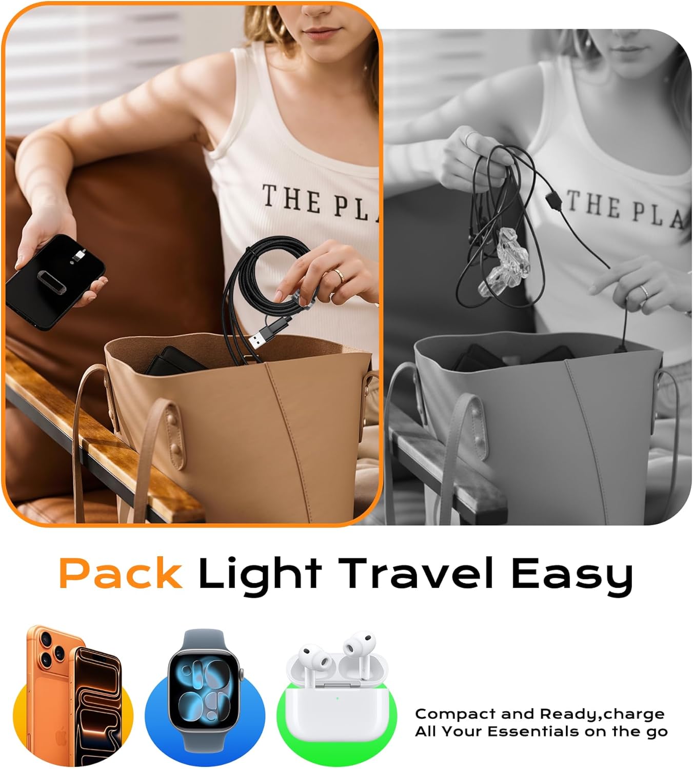 Temdan for Travel Vacation Essentials,3 in 2 USB C Cable for Apple Watch Charger/iPhone 17 Charger/Lightning,Multi Charging Cable Cord,Camping Essentials,Designed for iWatch &iPhone 16-12-6FT Black