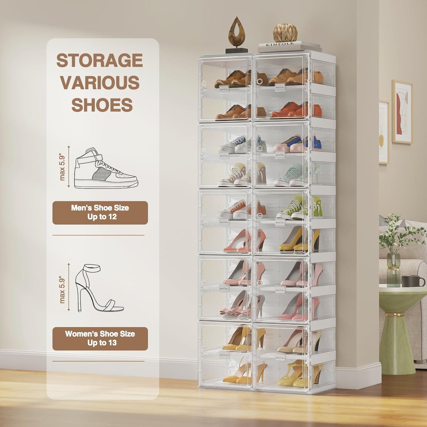 BROVIEW Foldable Shoe Rack, Large Stackable Sneaker Organizer Storage Box with Magnetic Clear Door, Plastic Folding Shoes Cabinet Bins, Shoe Shelf Space Saving for Closet, Entryway 10 Tier 20 Grids