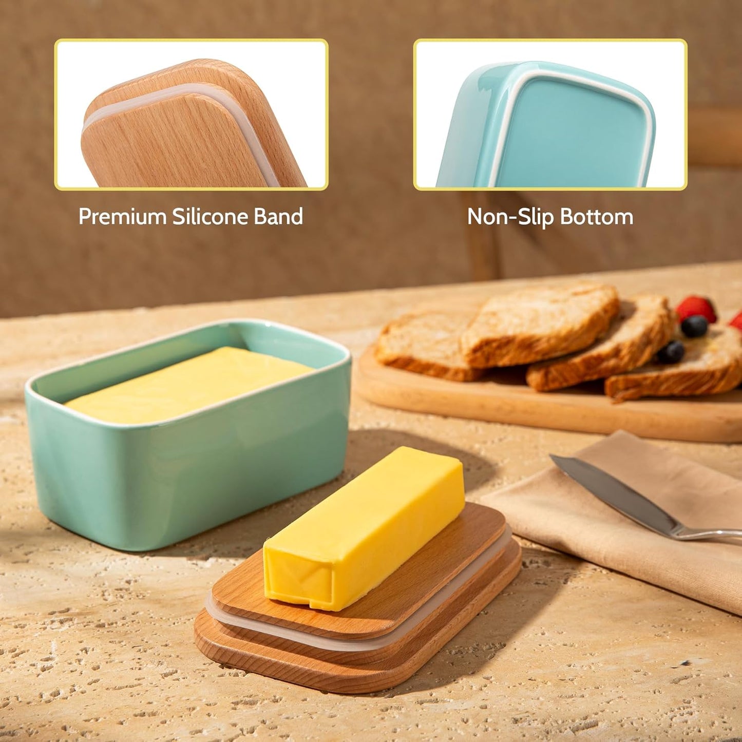 Sweese Large Butter Dish with Lid for Countertop, Airtight Butter Keeper Holds Up to 2 Sticks of Butter, Porcelain Butter Container for Kitchen Decor and Accessories for Kitchen Gift, Turquoise