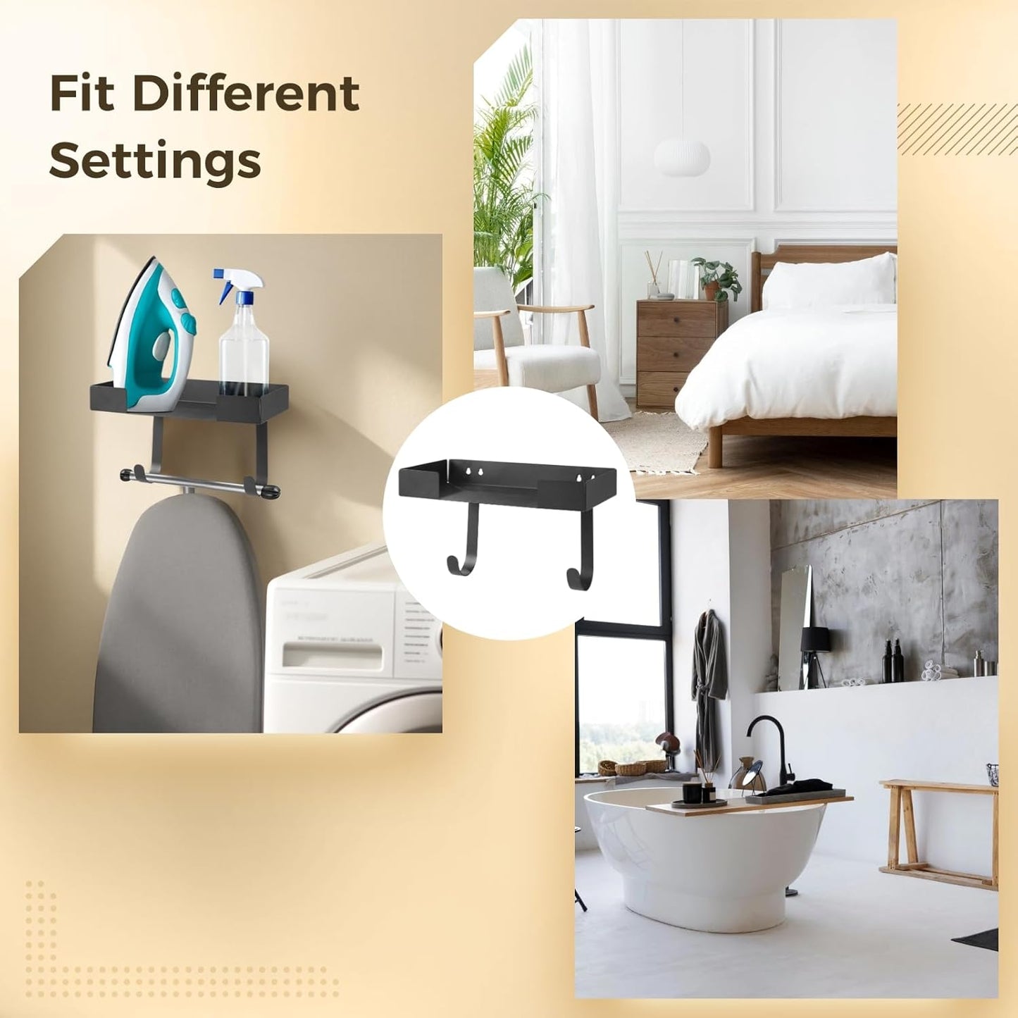 Wall Mounted Ironing Board Holder, Metal Iron and Ironing Board Hanger, Space-Saving Storage Organizer with Double Hook, Laundry Room Accessories, Easy Installation