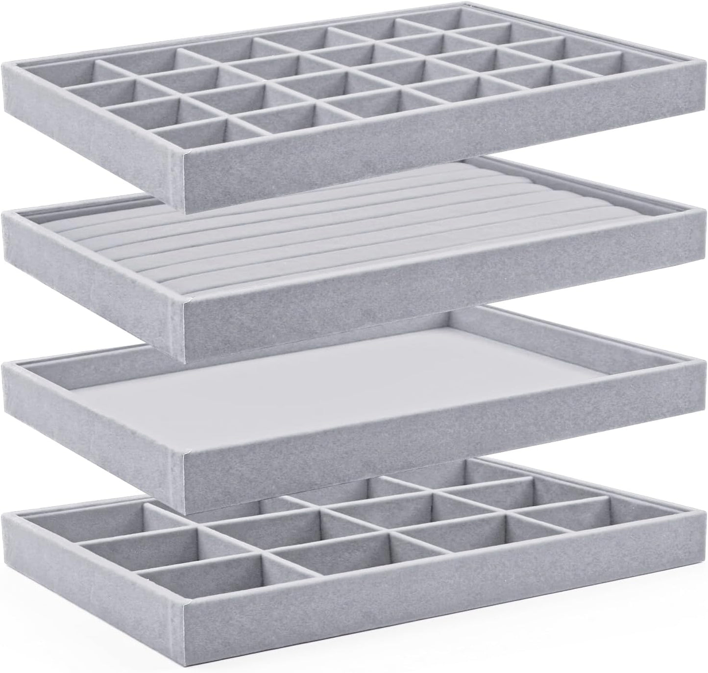 Lainrrew Jewelry Tray, 4 Pack Jewelry Organizer Velvet Jewelry Tray Stackable Jewelry Trays, Necklace & Earring Holder, Divided Bracelet & Ring Storage, 13.8"x9.5"x1.2" - Elegant Display Case (Gray)