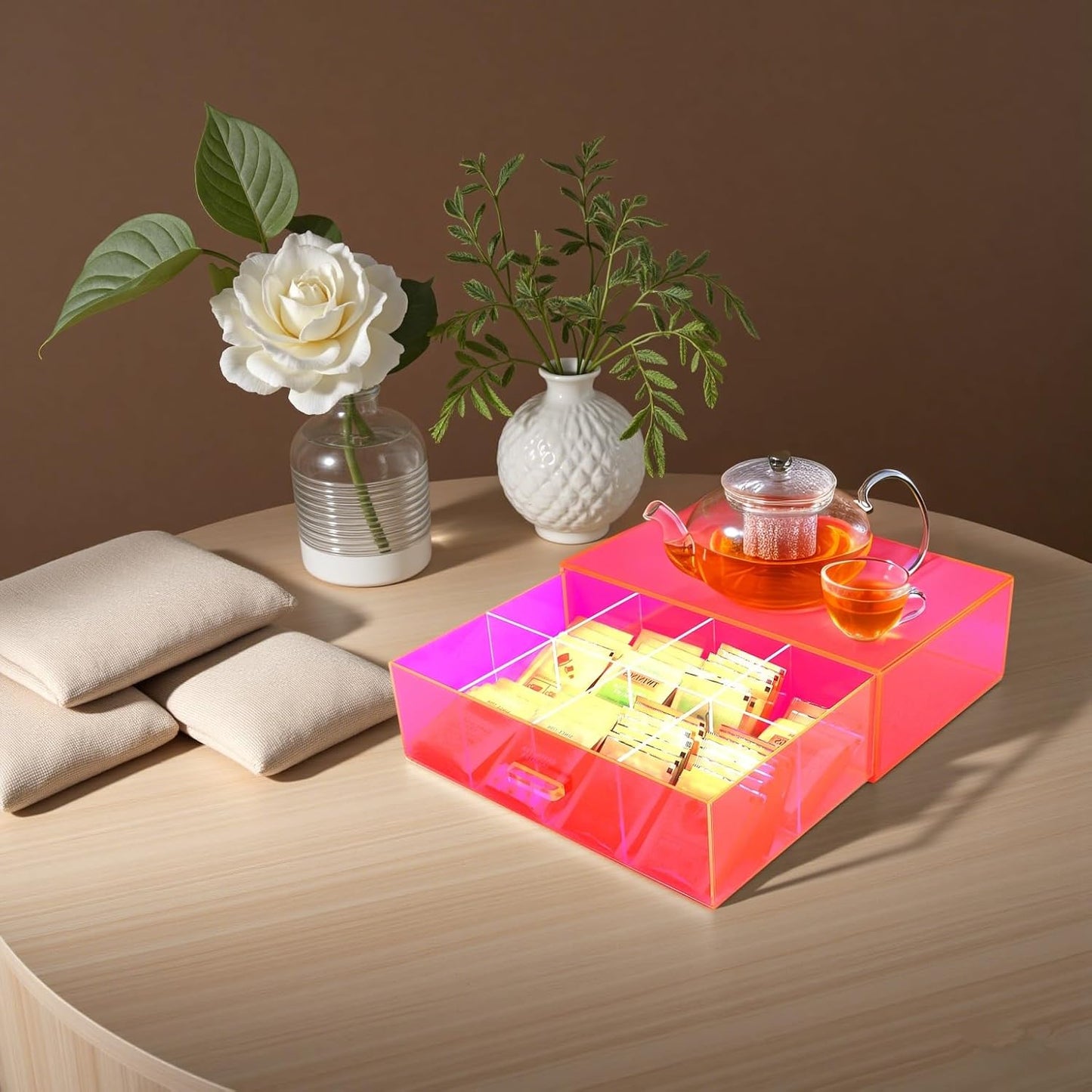 Acrylic Tea Bag Organizer and Storage Box Stackable Tea Bag Holder with Drawer for Countertop, Neon Pink