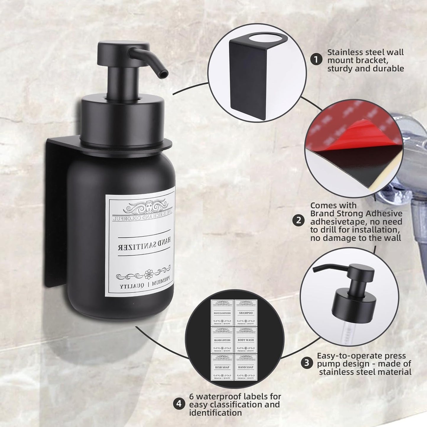 Black Glass Soap Dispenser Wall Mount for Bathroom with Pump and Drill-Free Holders - 8.5 Oz Hand Soap Dispenser, Shower Dispenser with Waterproof Labels