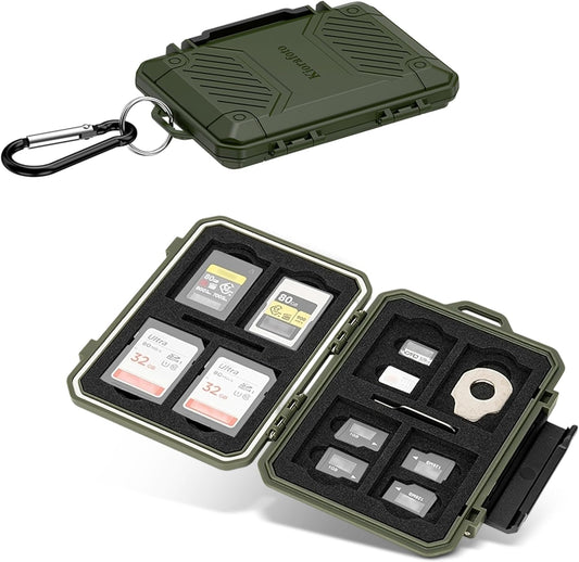 Memory Card Case with 18 Slots, IP67 Waterproof Anti-Shock Travel Camera Memory Card Holder for 8 SD SDHC SDXC Cards & 4 MicroSD TF MSD & 4 CFexpress Type-A Cards & 2 Nano SIM Storage - Green