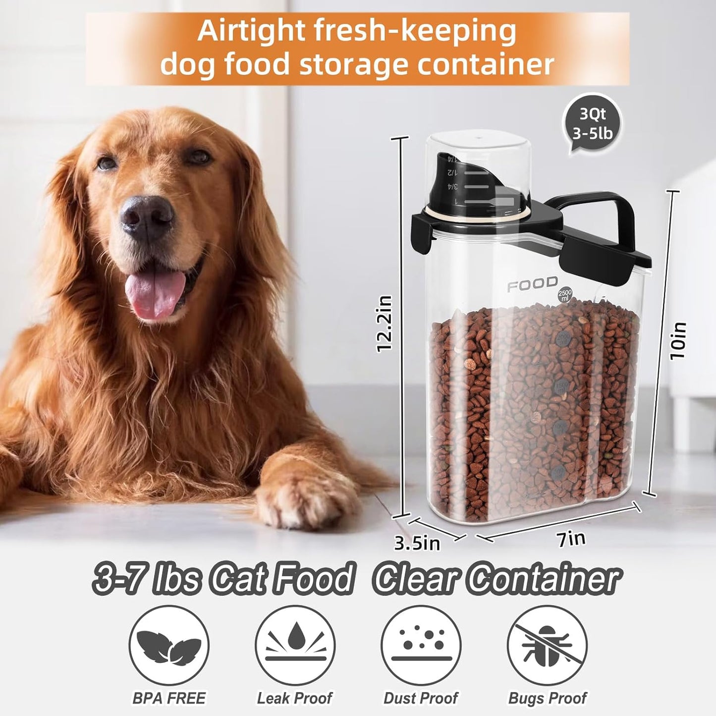 3-5LBS airtight Pet Food Storage Containers PBA-free,With Large Nozzle/Measuring Cup/ 4 Press Buckle for Dogs, Cats, Birds, Chicken Lndoor and Outdoor Use (Black + Beige) 2 Pack