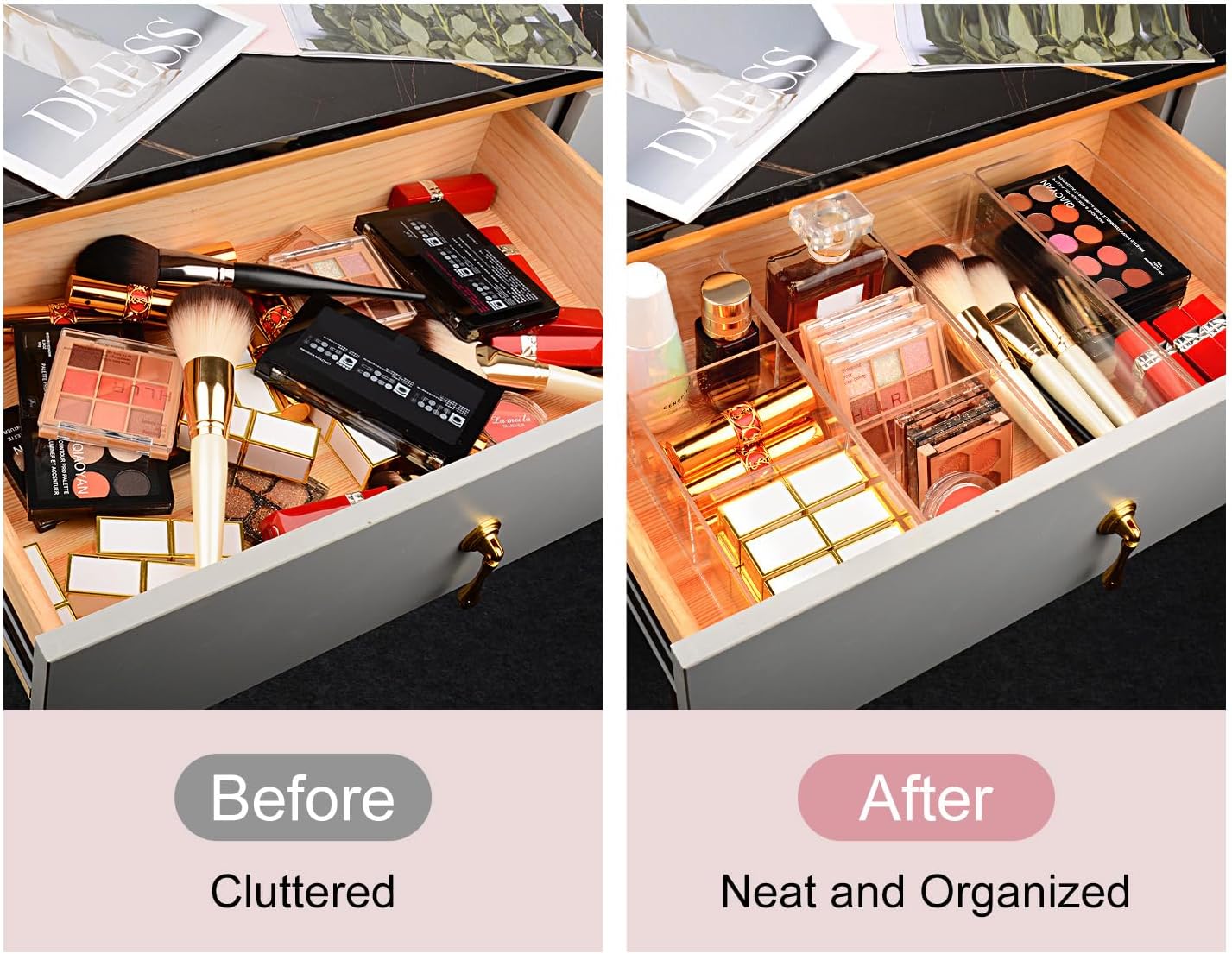 JessLab Acrylic Organizer, 2PK Cube Sections Makeup Organizer for Drawer, Makeup Organizer for Vanity, Countertop, Bathroom, Kitchen and Cabinet Storage(3+3 Compartment)