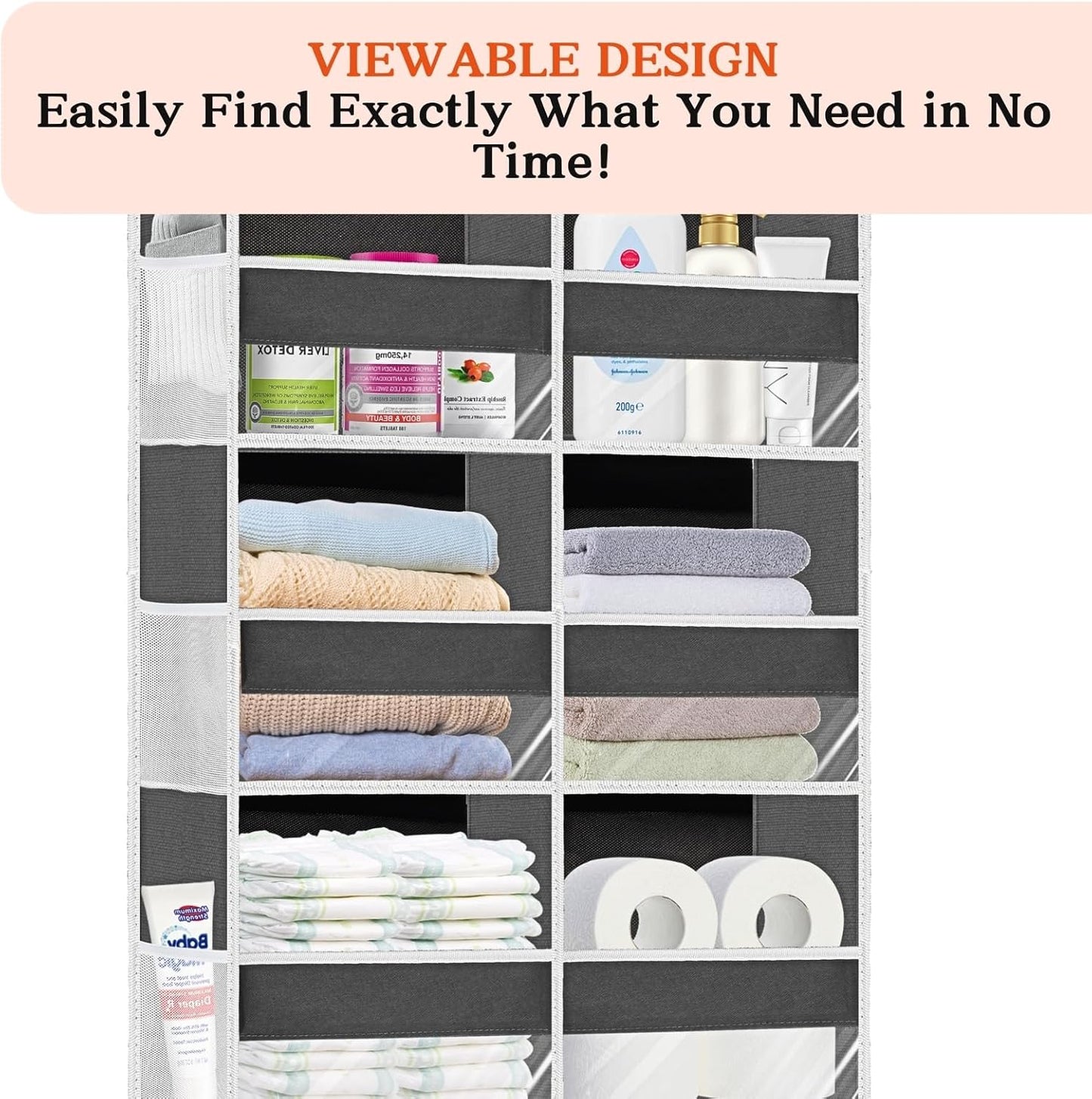 2 Pack Over The Door Organizer 6 Tiers, Extra Large Behind Door Storage of 12 Compartments, 80 lbs Weight Capacity Hanging Storage Organizer with Clear Window Kids Toys,Shoes (6 Tiers - Grey)