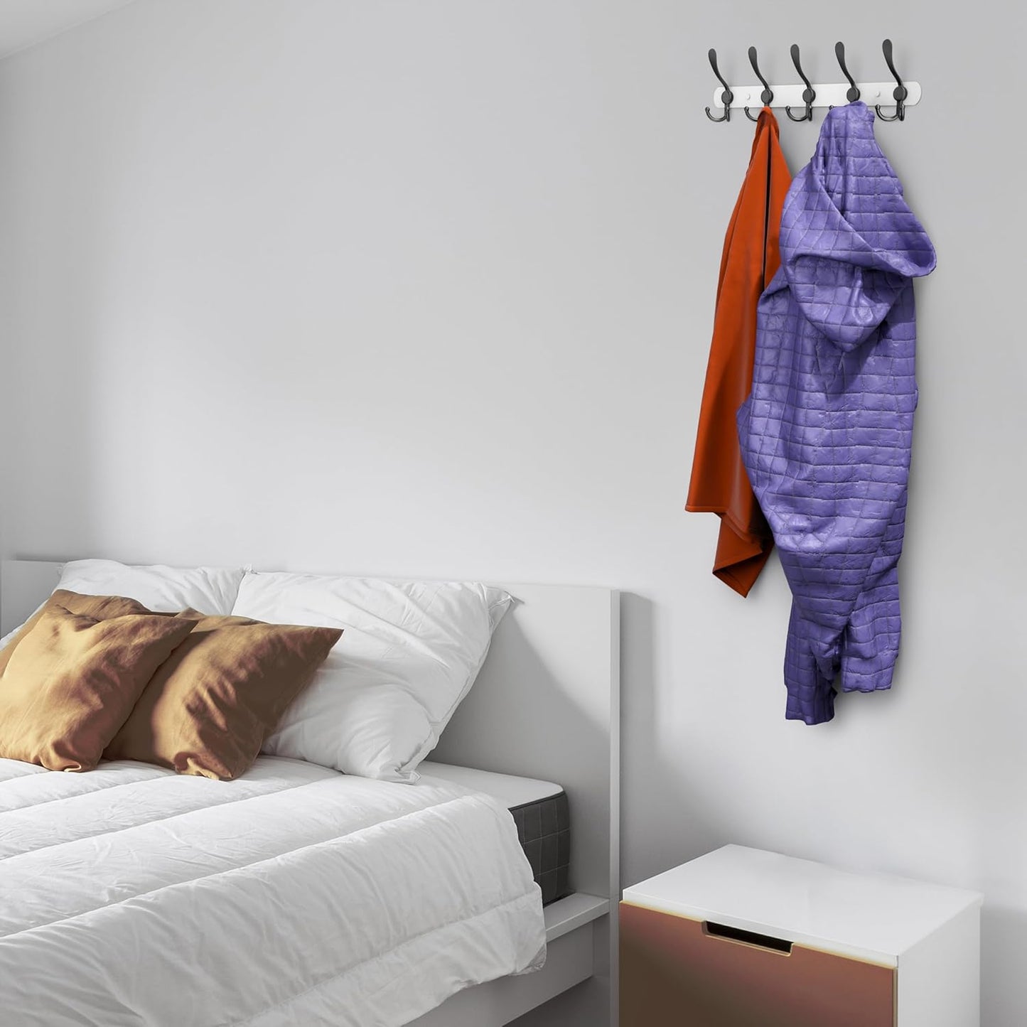 Coat Rack Wall Mount with 5 Tri Hooks, Stainless Steel 16 Inch – White & Black Matte Finish, Heavy Duty Wall Mounted Hook Rack for Coats, Hats, Towels, Scarfs, Robes, Bags, Entryway & Bathroom, 2 Pack
