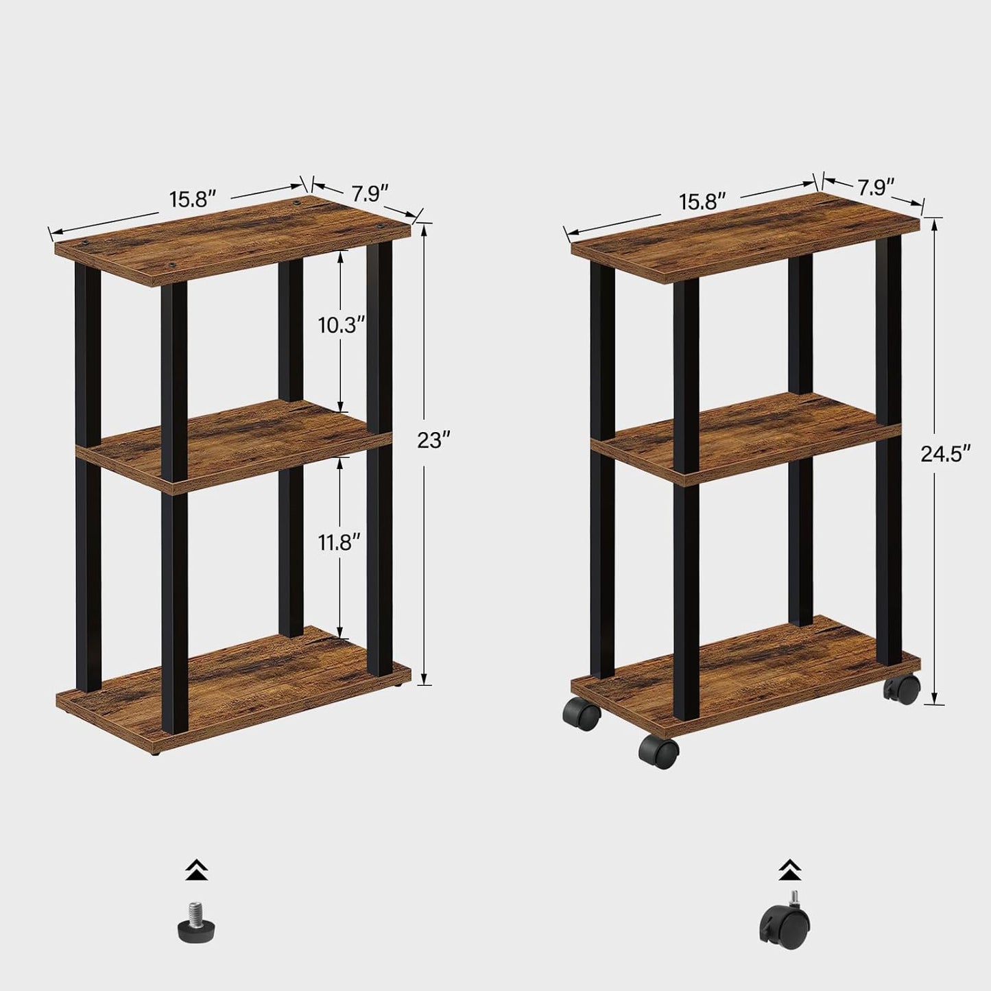 TUTOTAK Small Side Table, Narrow End Table, Bedside Table, Set of 2, Couch Side Table with Wheels for Living Room or Bedroom, Brown TB01BB0612