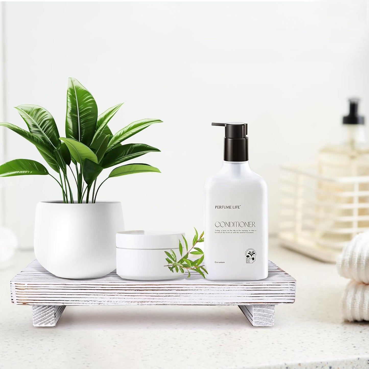 Rustic White Bathroom Counter Tray Wood Risers Display Pedestal Stand Kitchen Countertop Trays Decorative Wooden Riser Soap Dish Dispenser Holder for Bathroom Sink Accessories Kitchen Decor Tray