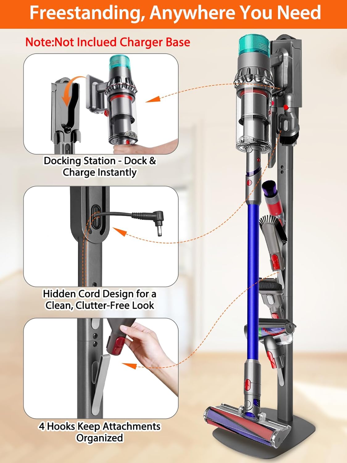 Vacuum Stand for Dyson Gen5 V15 V12 V11 V10 V8 V7 V6 – Stable Metal Holder with Hidden Cord Management, Storage Rack for Dyson Cordless Vacuum & Accessories, Easy Installation