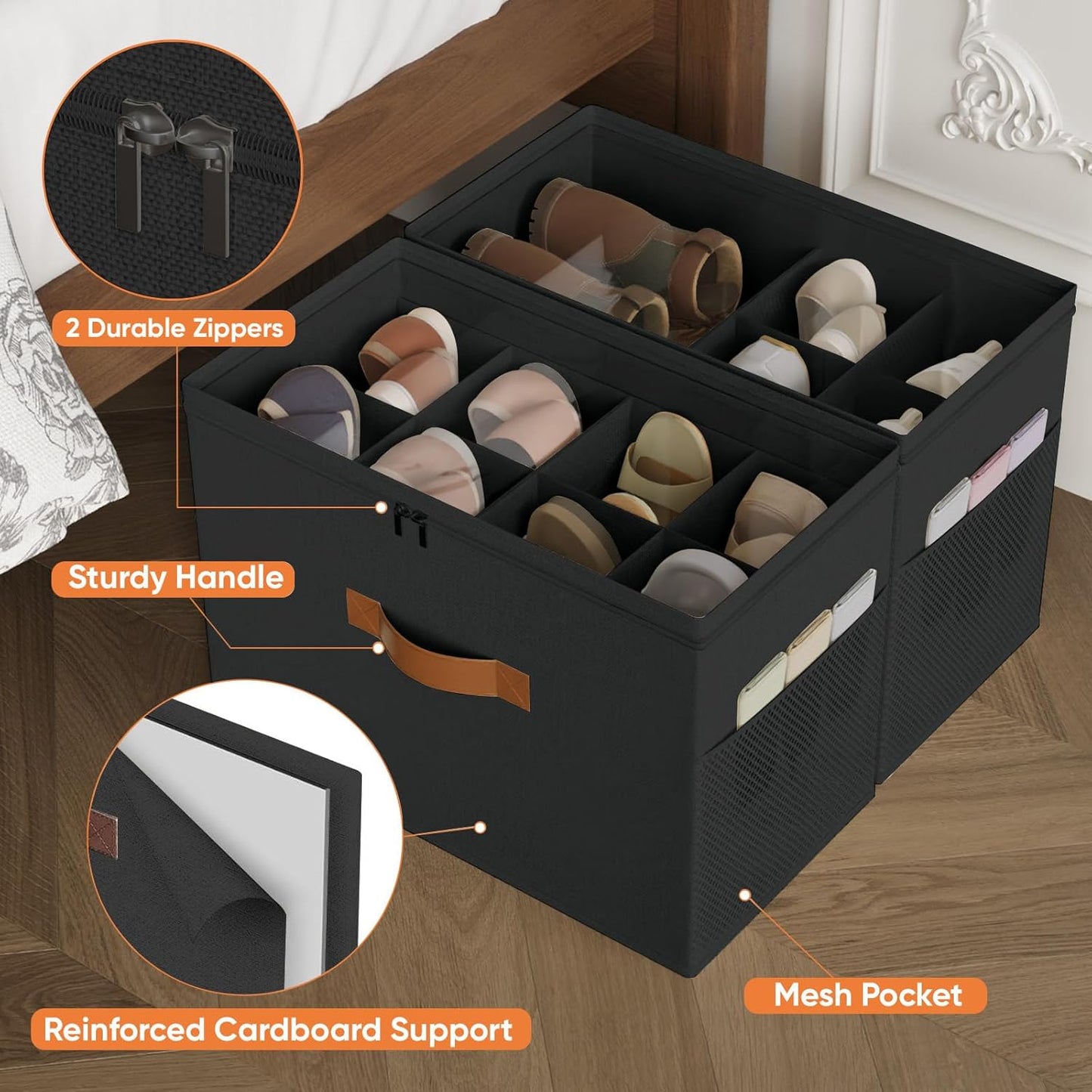 Shoe Organizer for Closet, 2 Pack Foldable Shoe Storage Organizer with Adjustable Dividers, Shoe Storage Box with Clear Cover, Fits up to 16 Pairs, Black