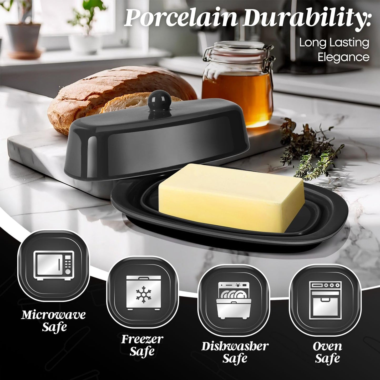 Flexzion Ceramic Black European Butter Dish with Lid for Countertop (7 Inch) - 1 Stick Butter Holder for Counter, Cream Cheese Container Storage Keeper