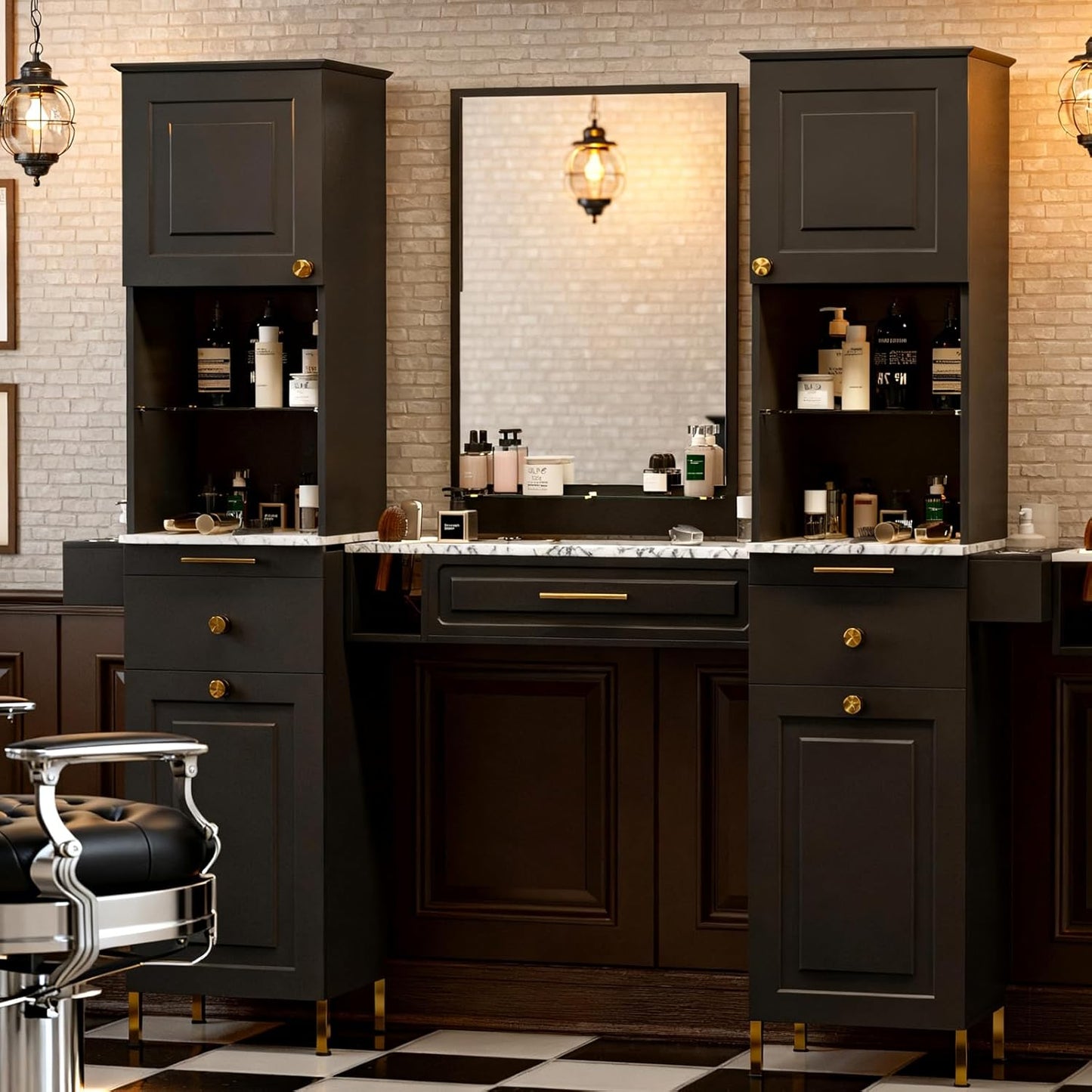 Salon Stations for Hair Stylist, Barber Station w/Glass Shelf & Golden Handles, Hair Salon Station Beauty Salon Spa Equipment w/6 Hair Dryer Holders, 2 Storage Cabinet & Drawers(Black)