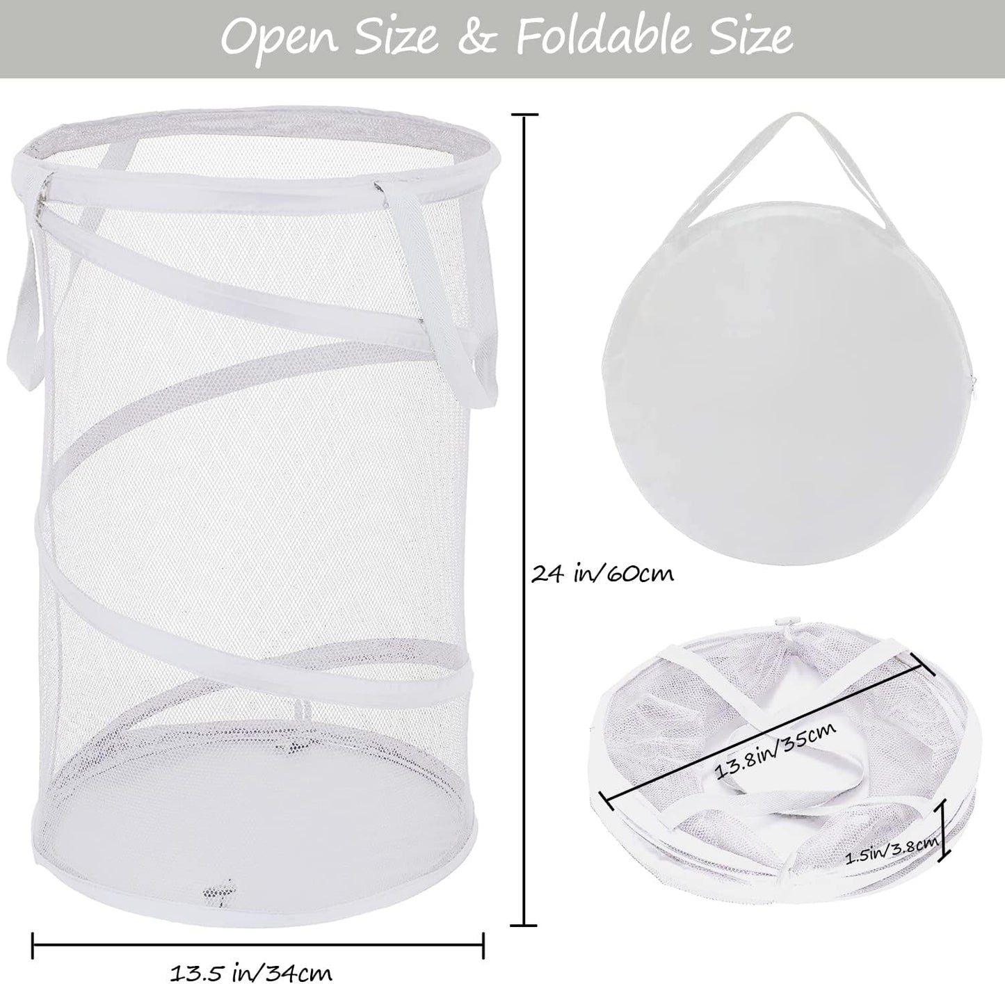 BATTOO Large Collapsible Laundry Basket Foldable Mesh Pop Up Hamper with Handles for Laundry Room, Bathroom, Kids Room, College Dorm, Travel, Storage Organizer White