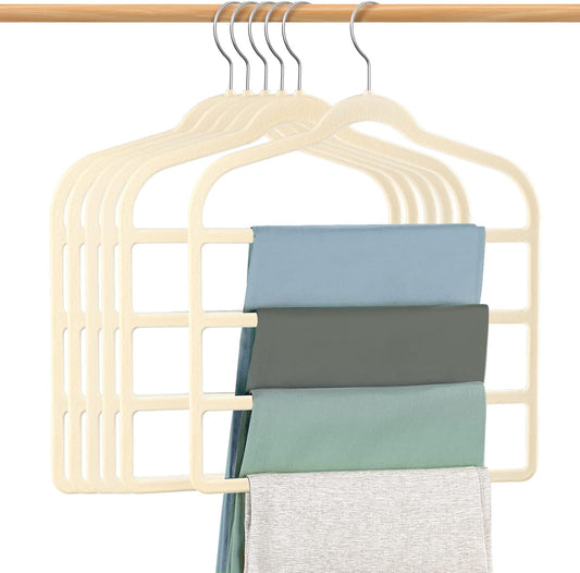 Velvet Hangers Space Saving Non Slip Pant Velvet Hangers, DUDUCOFU 6 Pack Beige Multi Layer Clothes Hangers Closet Organizer for Pants Trousers Scarf