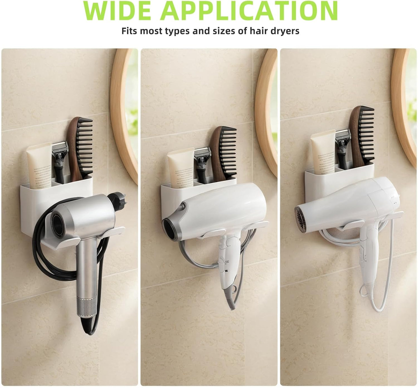 Dyson Hair Dryer Holder - Universal Wall Mount Blow Dryer Holder with Strong Self Adhesive, Plug&Cord Organizer Rack for Bathroom, Vanity, Cabinet, White