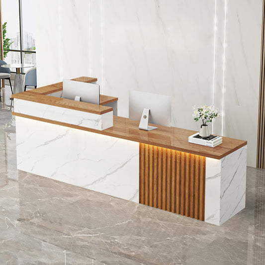 Receptionist Desk with LED Light，Wooden Salon Checkout Counter with Storage Drawer & Keyboard Tray Modern L-Shaped Reception Desk for Barbershop Office Company Store
