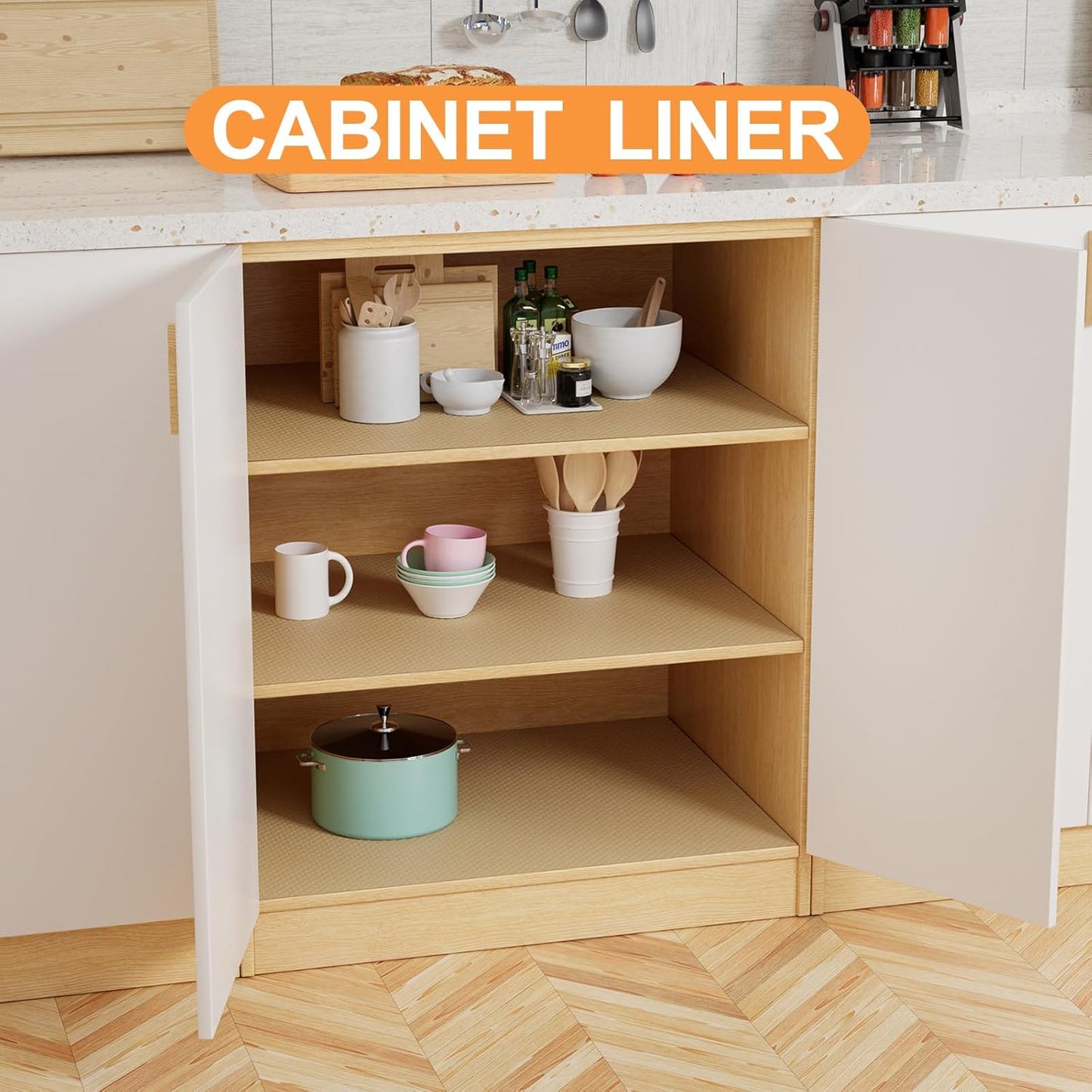 Cabinet Shelf Liner 30-inch Wide: Large Waterproof Cabinets Drawers Liners 30 in x 240 in - Khaki Non-Adhesive Easy to Cut Under Sink Mat for Cupboard