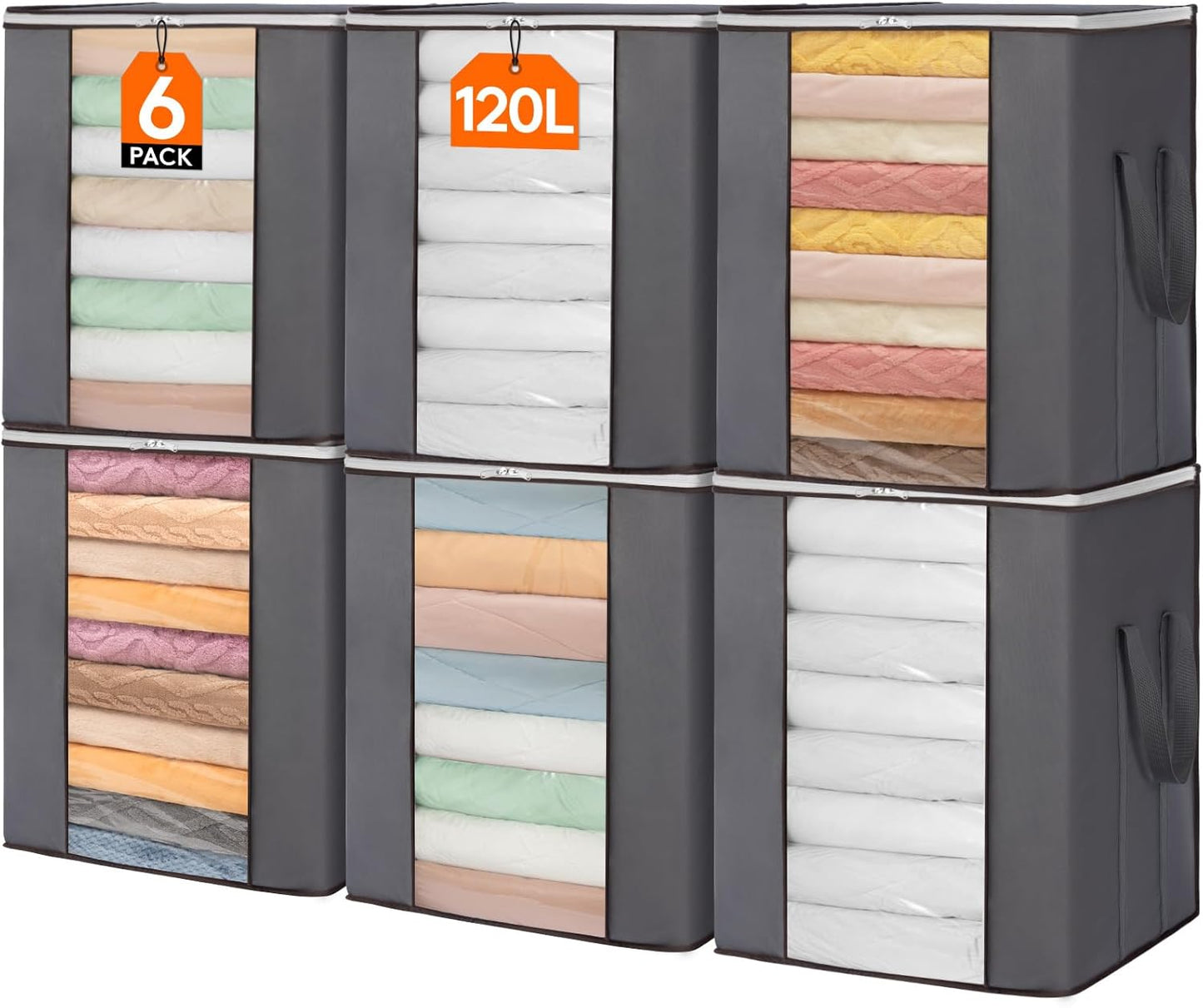 Lifewit Extra Large Blanket Comforter Storage Bags with Reinforced Handles for Bedding, Sheet, Foldable Clothes Storage Containers for King Size Quit, 120L Linen Moving Bag 6 Pack