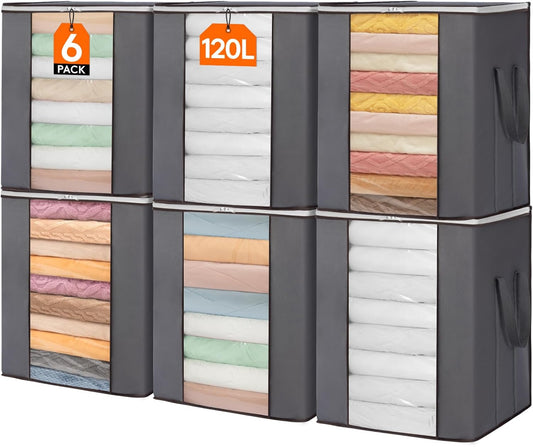 Lifewit Extra Large Blanket Comforter Storage Bags with Reinforced Handles for Bedding, Sheet, Foldable Clothes Storage Containers for King Size Quit, 120L Linen Moving Bag 6 Pack