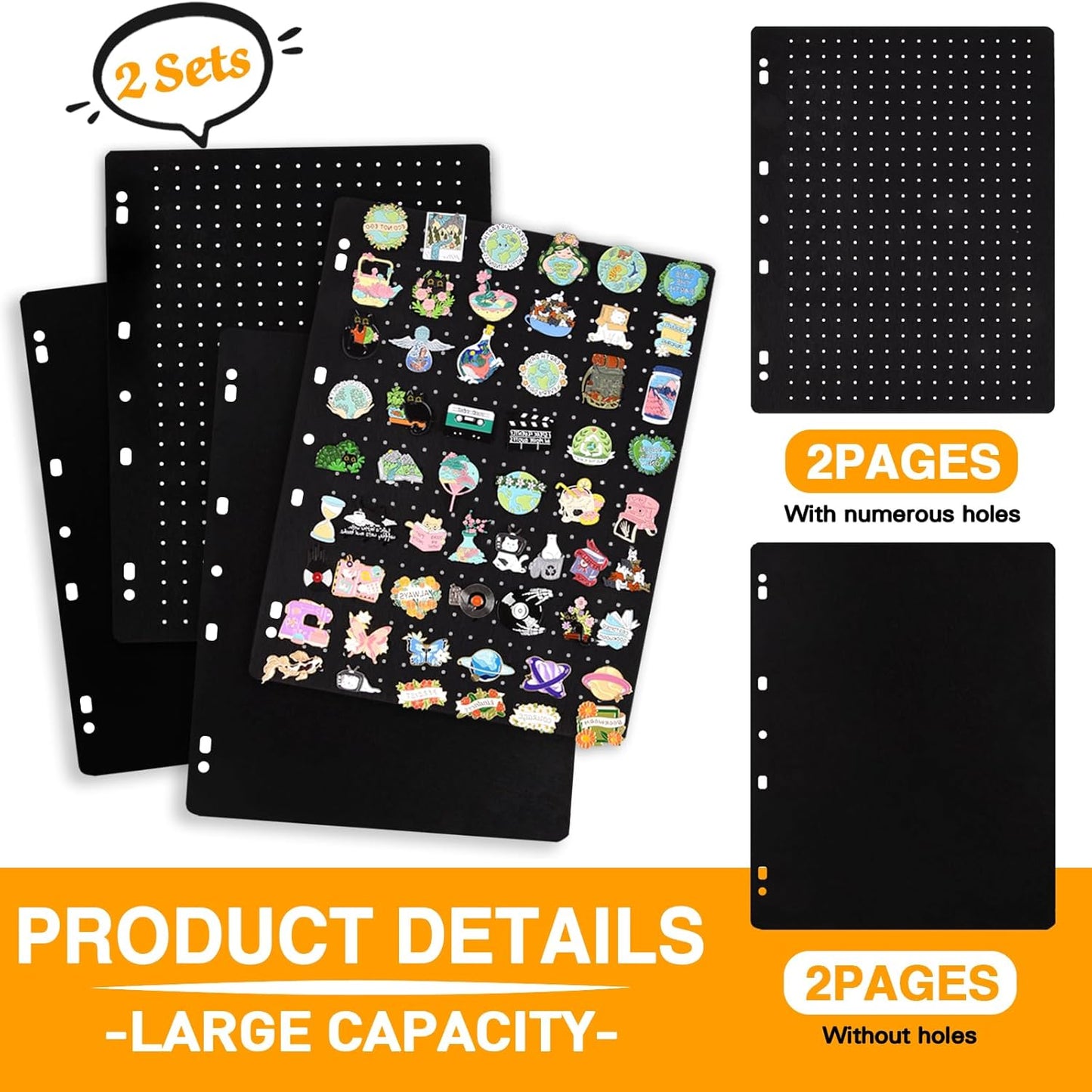 Enamel Pin Display Binder - Large Collection Storage Organizer Book with 8 Flip-Pages, 4 Ring Pin Display Folder for Brooch Buttons and Lapel Collectors. Black
