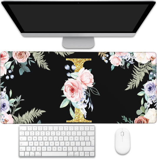 Desk Mat, Flower Golden Letters I Extended Gaming Mouse Pad Large, 35.4"x15.7" Big Mouse Pad with Non-Slip Base and Stitched Edge, Long Computer Keyboard Mouse Mat for Home Office Work