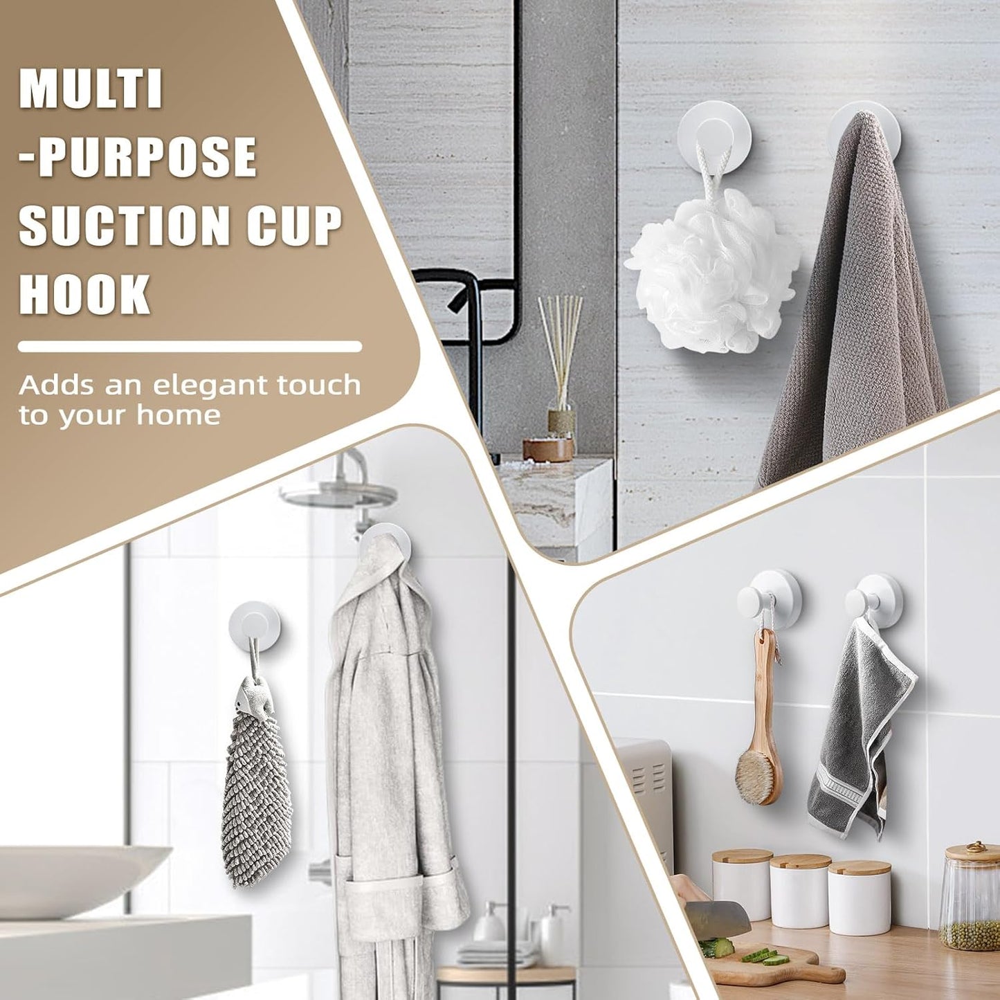 Suction Cup Hooks for Shower No-Drill Bathroom Hooks for Towels, Robes, Loofah Mountable on Bathroom Walls, Kitchen, Glass, Mirrors, Tile and Smooth,Non-Porous Surfaces (2, White)