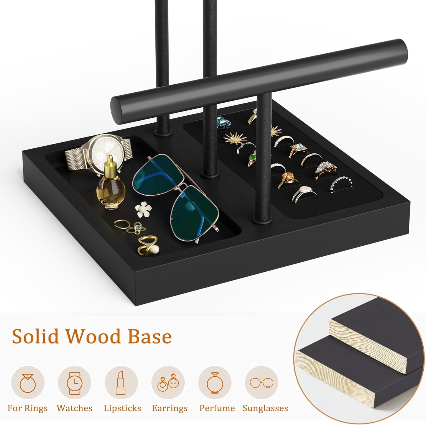 SZQINJI Bracelet Holder Display Organizer Stand, Necklace Holder Jewelry Holder Stand, Solid Wood Base with 3 Tier Metal T-bar for Bracelet Necklace Scrunchie Wristband Bangle Watch Ring, Black