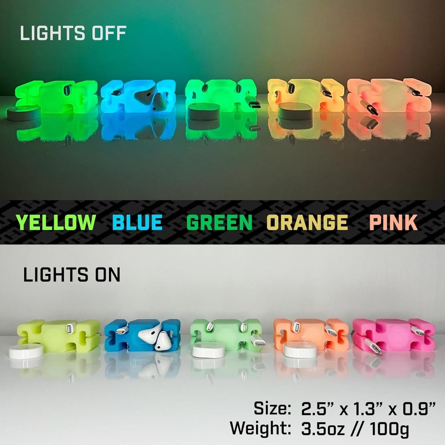 GlowBrick Stocking Stuffers for Adults Cord Management Weighted Cord Holder Cable Wrap Phone Stand - Glow-in-The-Dark Gadget Organizer for Nightstand. Gift for Men, Silicone. 4pk Glowing Blue