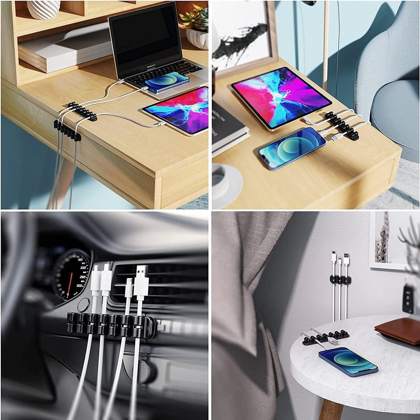 SOULWIT Upgraded Cable Holder, Cable Management Cord Organizer Clips Silicone Self Adhesive for Desktop USB Charging Cable Power Cord Bedside Wire PC Office Home (3/5/7 slot,Black)