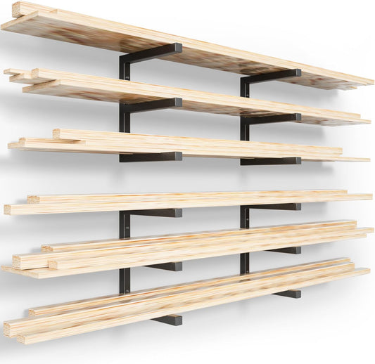 YYR Wood Organizer and Lumber Storage Rack Wall Mount, Heavy Duty Metal Shelf with 6-Level Holds Up 1200 LBS, Indoor & Outdoor Use - Black