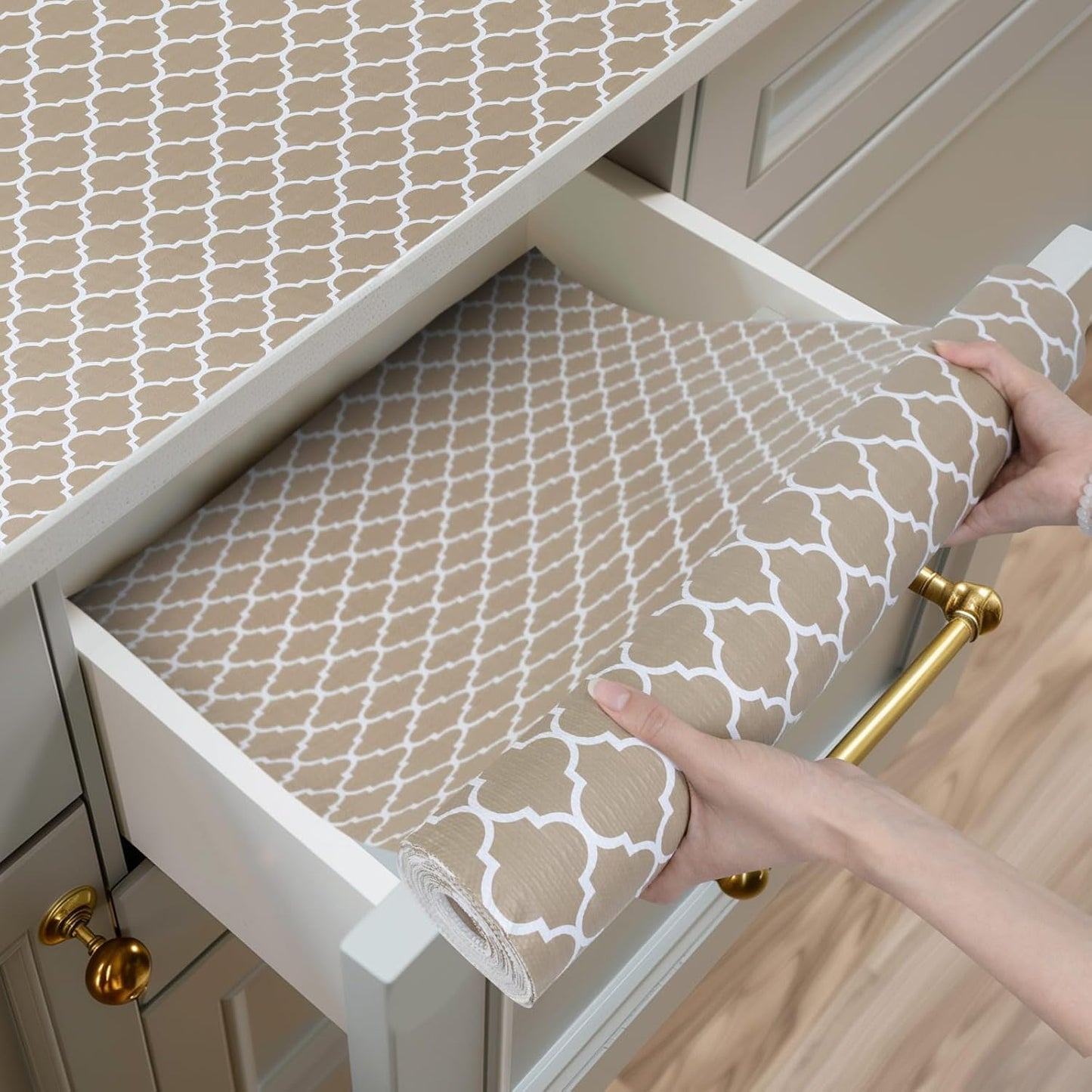 Shelf and Drawer Liner for Kitchen Cabinets Non-Adhesive, Strong Grip Non-Slip Thickened Cabinet Liners for Shelves, Waterproof Mats for Dresser Cupboard, Beige, 12 in x 20 Feet
