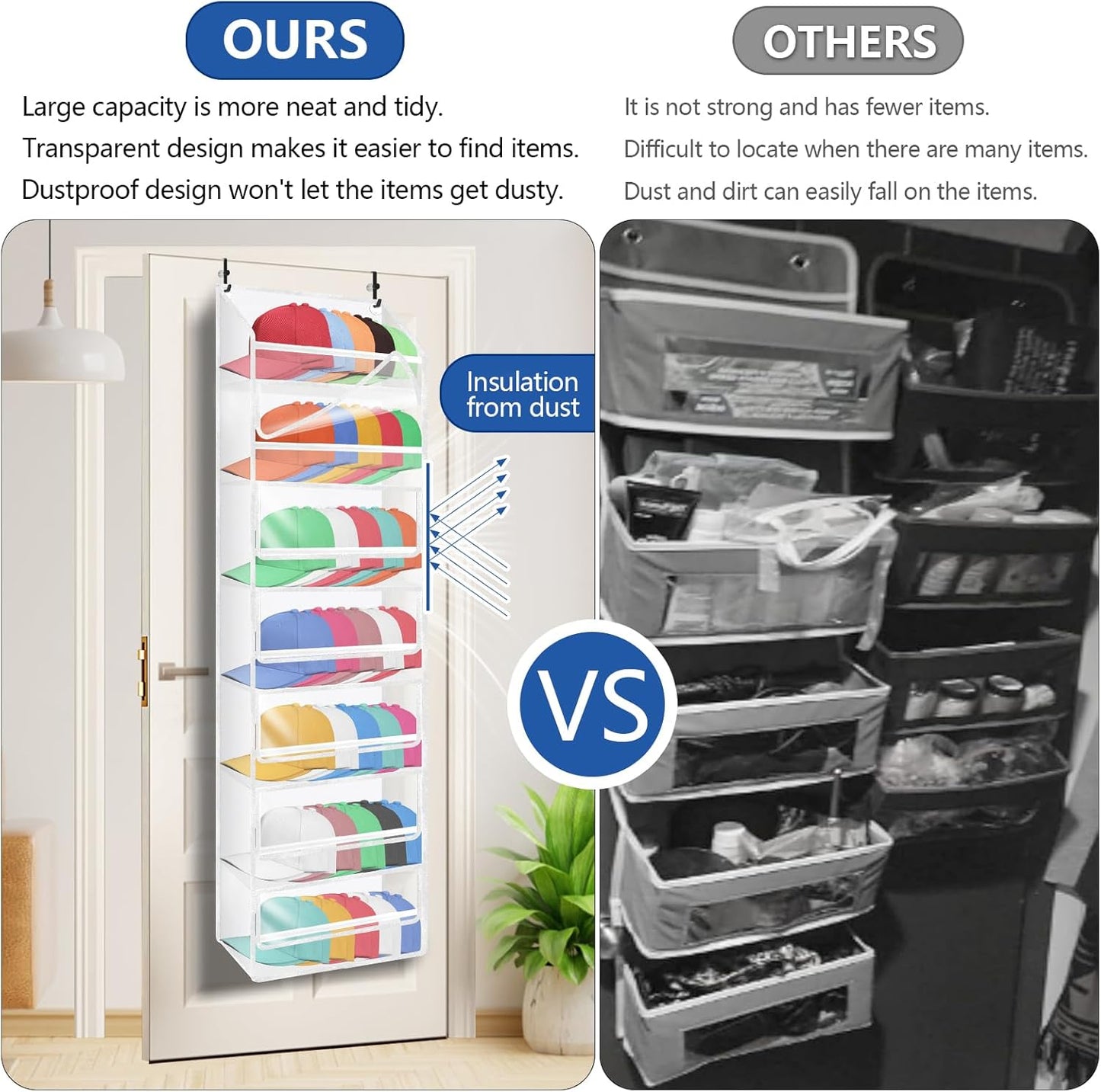 7-layer large capacity Hat Organizer, Hat Rack for Door With Dust Cover, Adjustable Hooks, And Transparent Visible Over The Door Hat Rack, Ideal for Home Organizatio