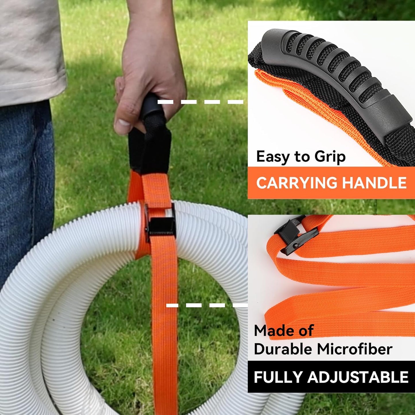 Heavy Duty Storage Straps with Handle(2 Pack) for Cables, Ropes and Hoses, Extension Cord Organizer with Handle and Easy Adjustable Steel Black Lock Slider Buckles for Pool Hoses, Garden Hoses.